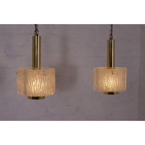 Brass And Murano Ice Glass Pendant Lights
