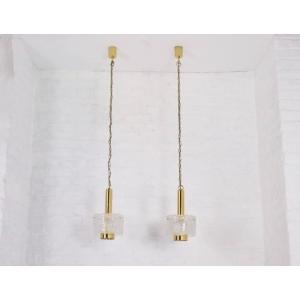 Brass And Murano Ice Glass Pendant Lights
