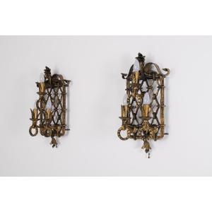 Large Pair Of Neo-baroque Wall Lights In Gilded Wrought Iron.