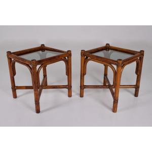 Deux petites tables d'appoint en verre et bambou, années 80.
