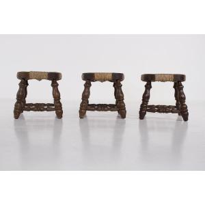 Fireplace Stools In Turned Wood And Straw - France, 1960s