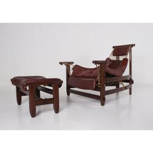 Leather Armchair And Footrest With Rope And Rosewood, Jean Gillon, 1960s