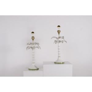 Paire de lampes à poser pied palmier en faïence, années 1970.