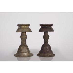 Two Traditional Bronze Ghee Lamps, Nepal.