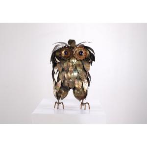 Statue de hibou brutaliste en laiton, années 1970.