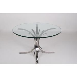 Table ronde en verre et acier inoxydable, Maria Pergay.