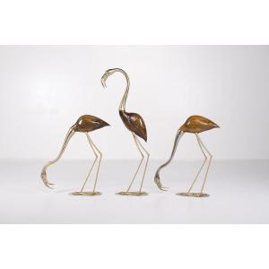 3 Sculptures Of Flamingos Made Of Wood And Gilded Metal, By Stijl, Florence.