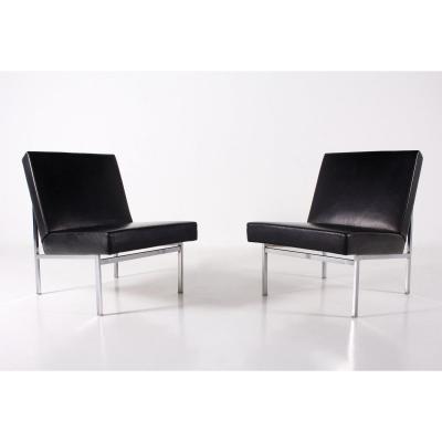 Pair Of Black Leather Armchairs International Style