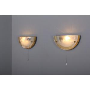 Pair Of 'half-moon' Wall Lights In Brass And Glass.