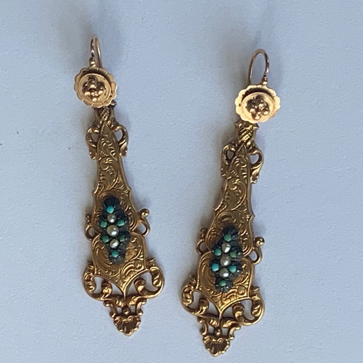 2477 – Bo Yellow Gold Turquoise Pearls 19th Century