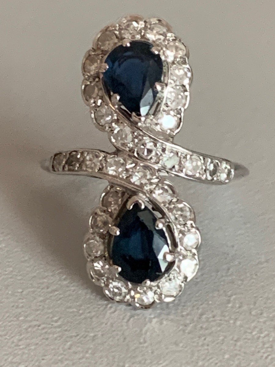 2955 – Toi & Moi Ring White Gold Sapphires Diamonds