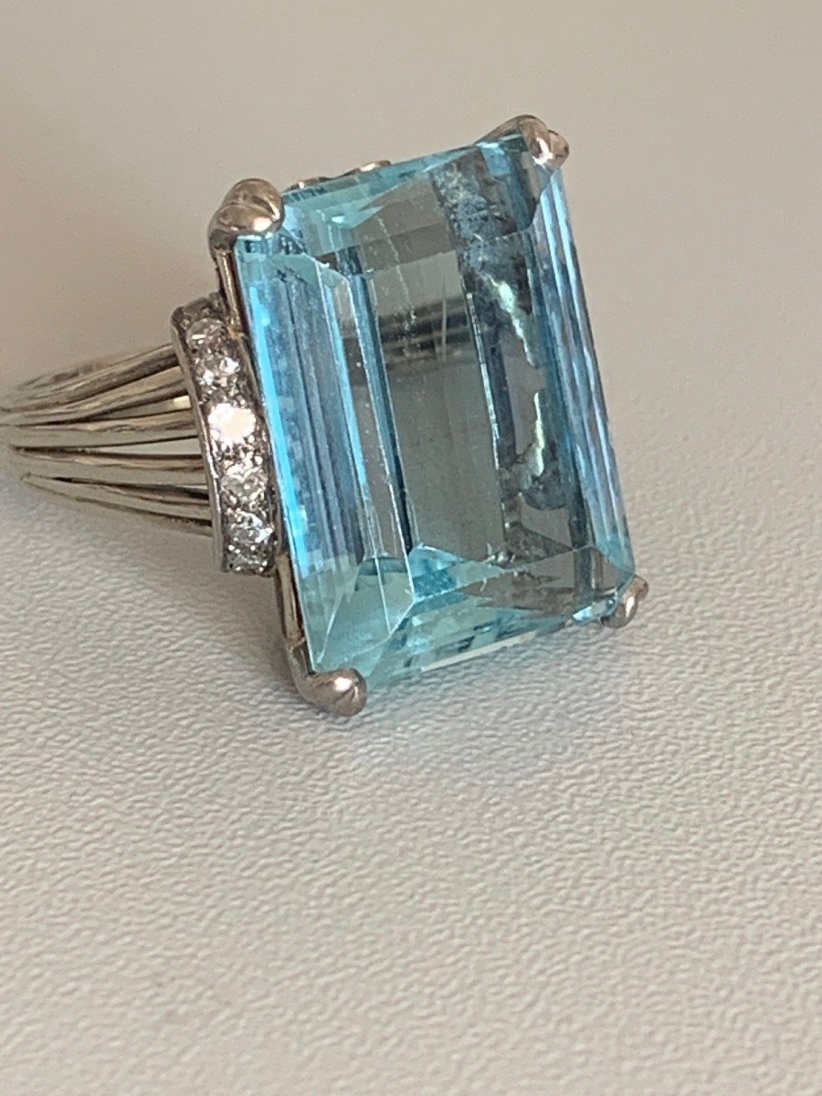 2965 – 1960s White Gold Aquamarine Diamond Ring-photo-3