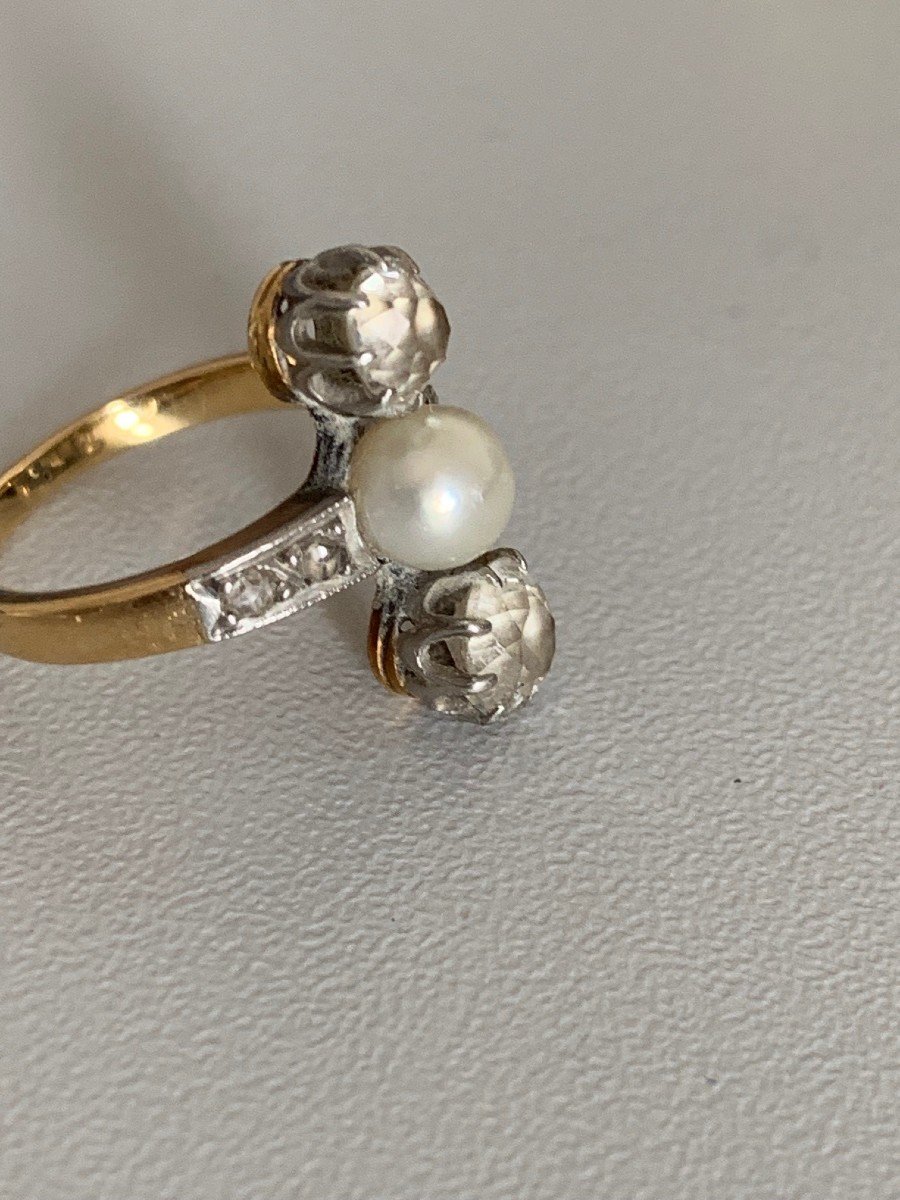 1201– Bague Ancienne Or Jaune Diamants (0,70 Ct) Perle-photo-2