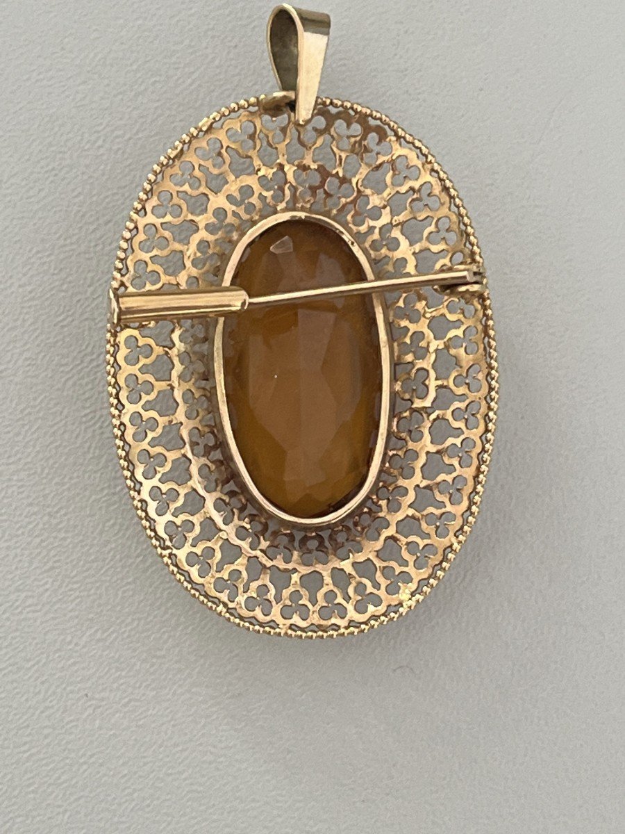 4008– Yellow Gold Orange Stone Pendant Brooch-photo-2