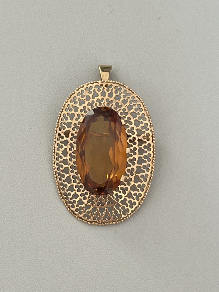 4008– Yellow Gold Orange Stone Pendant Brooch-photo-3