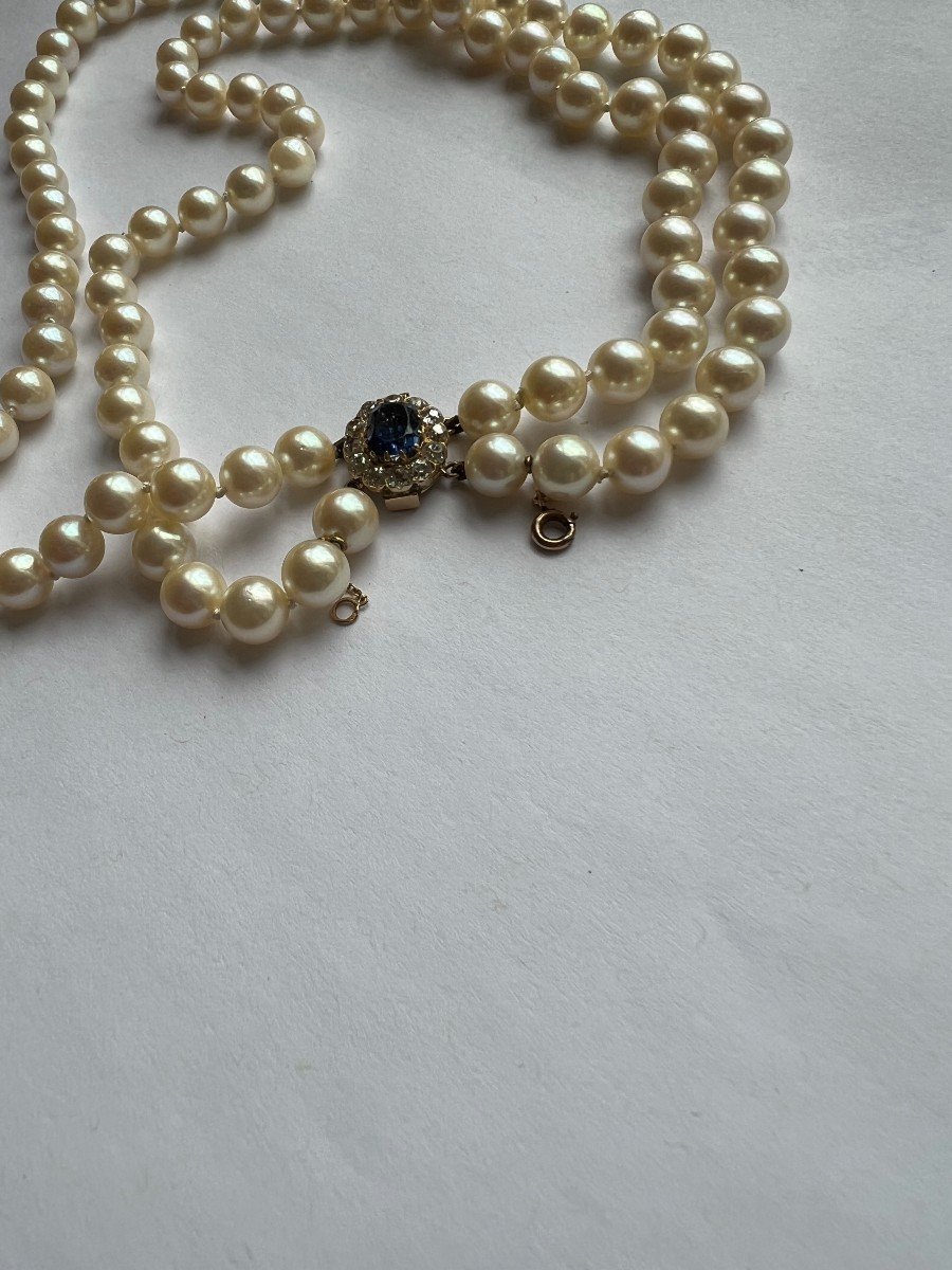 1665– Choker Necklace Pearls 2 Rows Clasp Sapphire Diamonds-photo-2