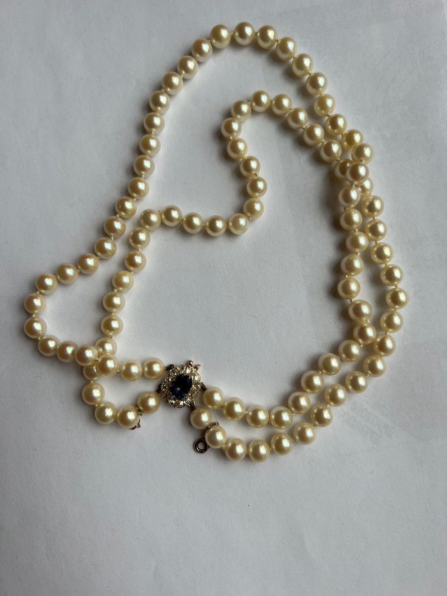 1665– Choker Necklace Pearls 2 Rows Clasp Sapphire Diamonds-photo-3