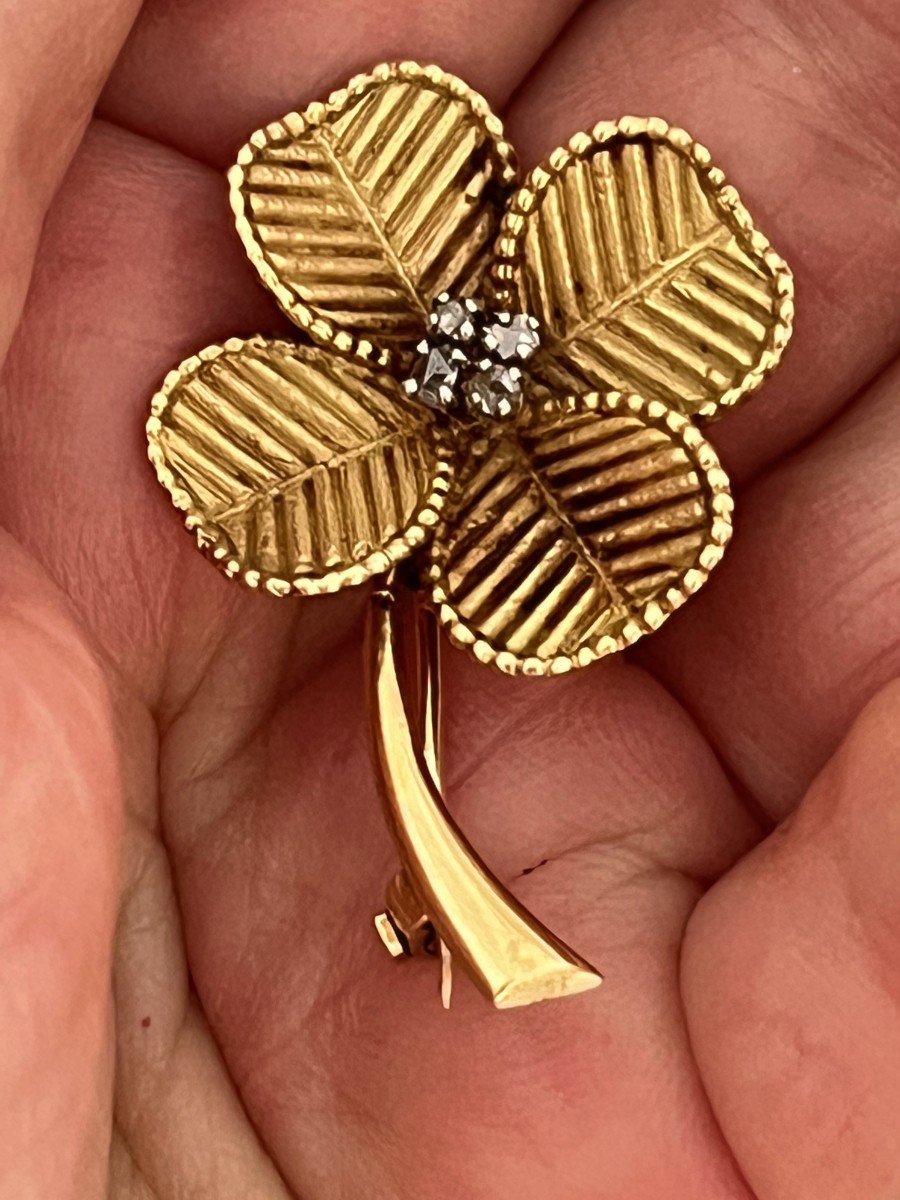 3959– Broche Trèfle Or Jaune Diamants-photo-2