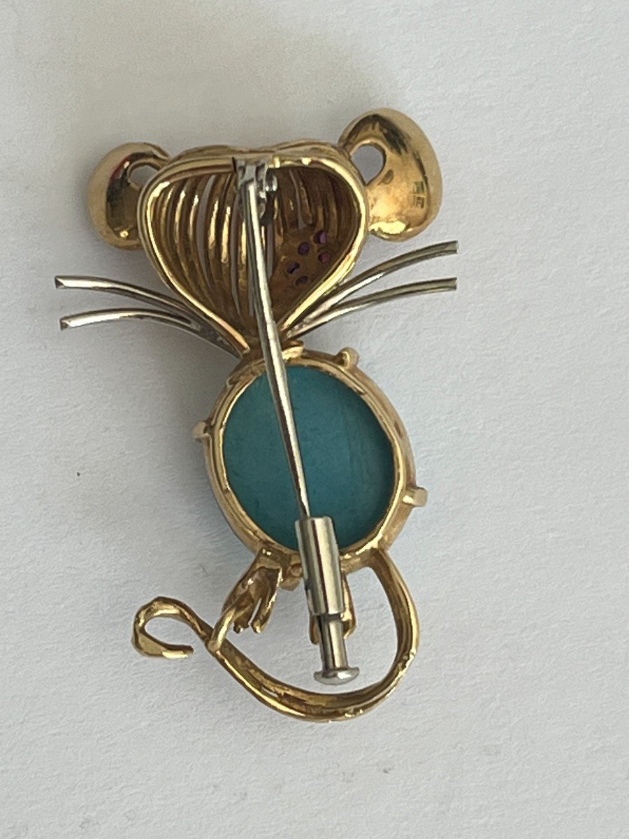 4560- Amazonite Ruby Yellow Gold Mouse Brooch-photo-2