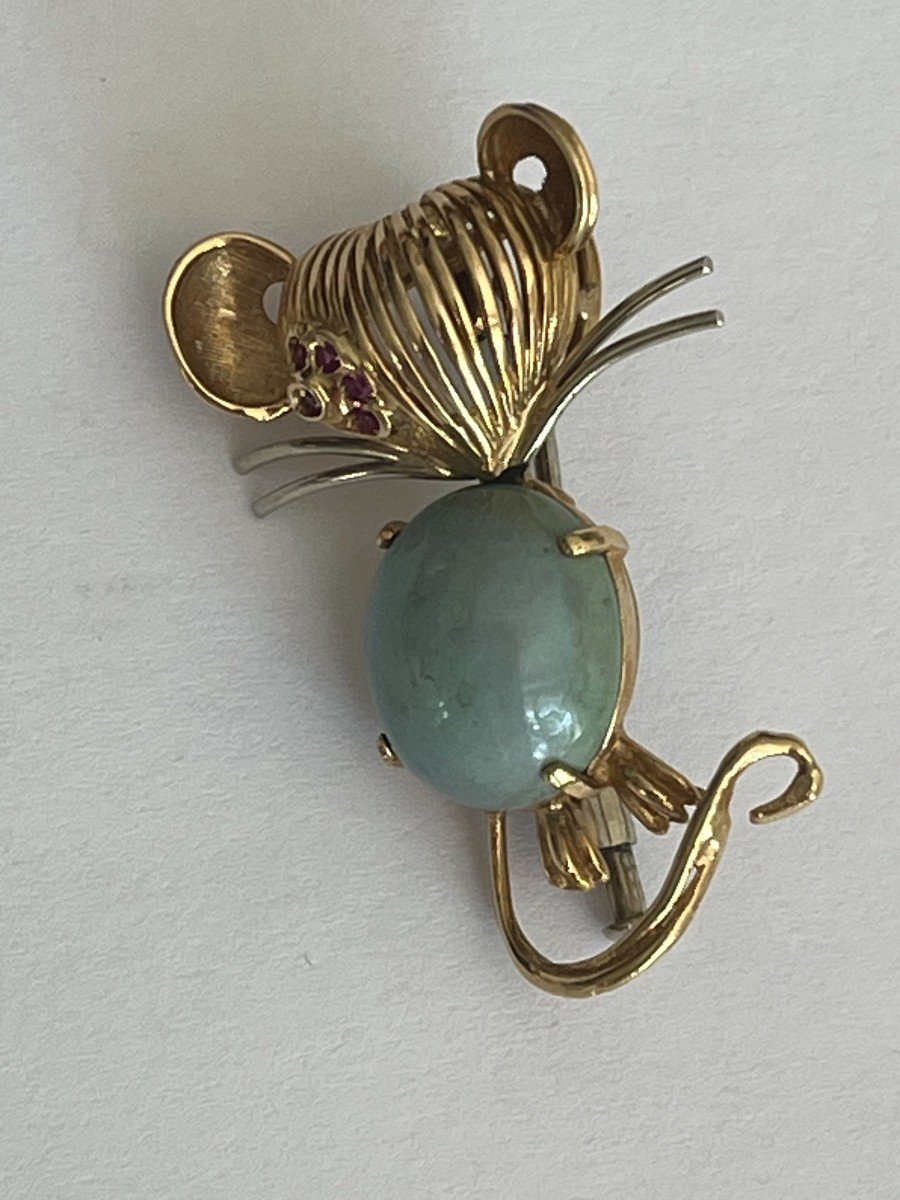 4560- Amazonite Ruby Yellow Gold Mouse Brooch-photo-3