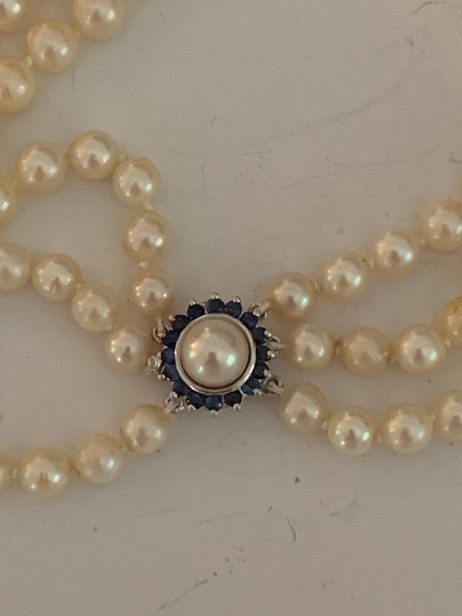 2923- Collier 3 Rangs Perles Fermoir Saphirs-photo-2