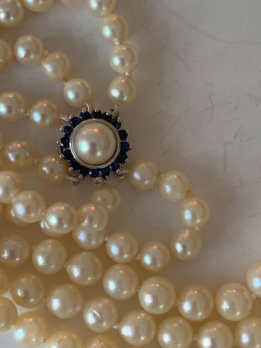 2923- Collier 3 Rangs Perles Fermoir Saphirs-photo-2