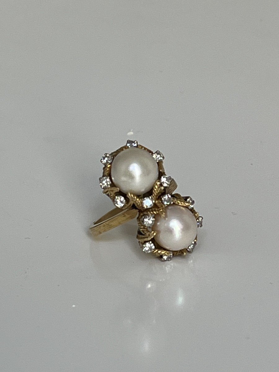 4427- Bague Toi & Moi Or Jaune Perles Diamants Email-photo-2