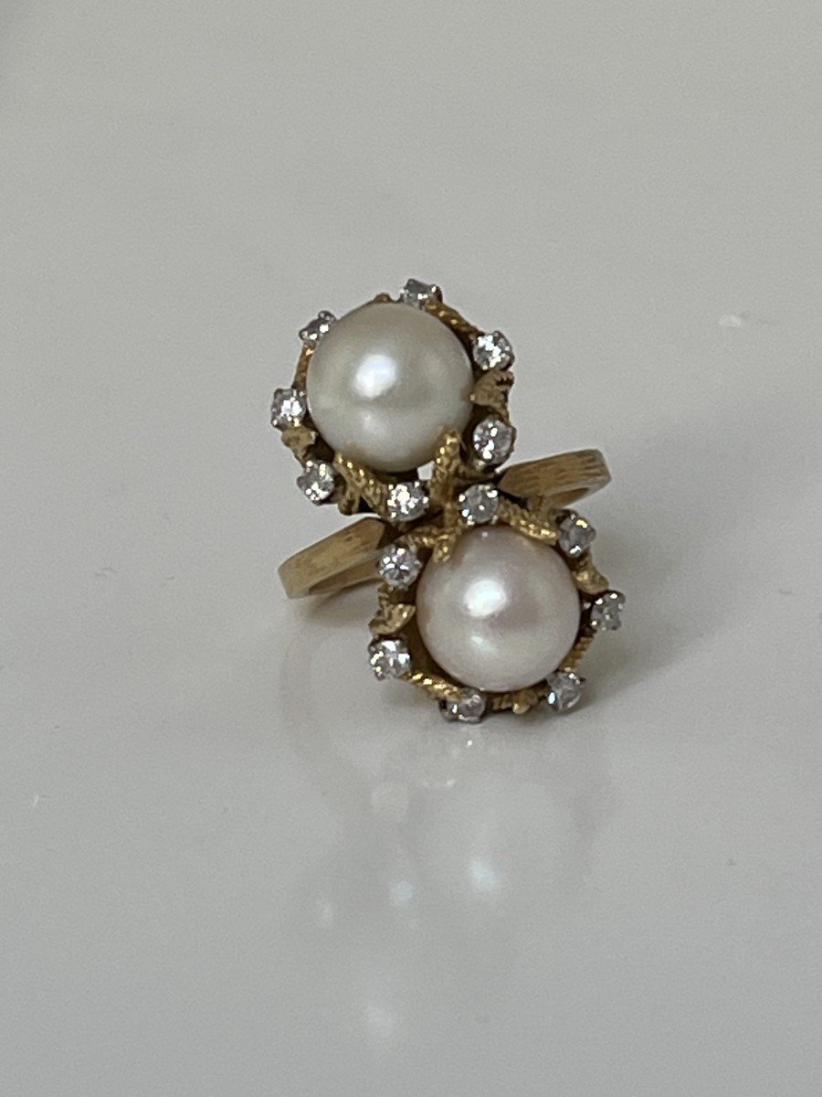 4427- Bague Toi & Moi Or Jaune Perles Diamants Email-photo-3