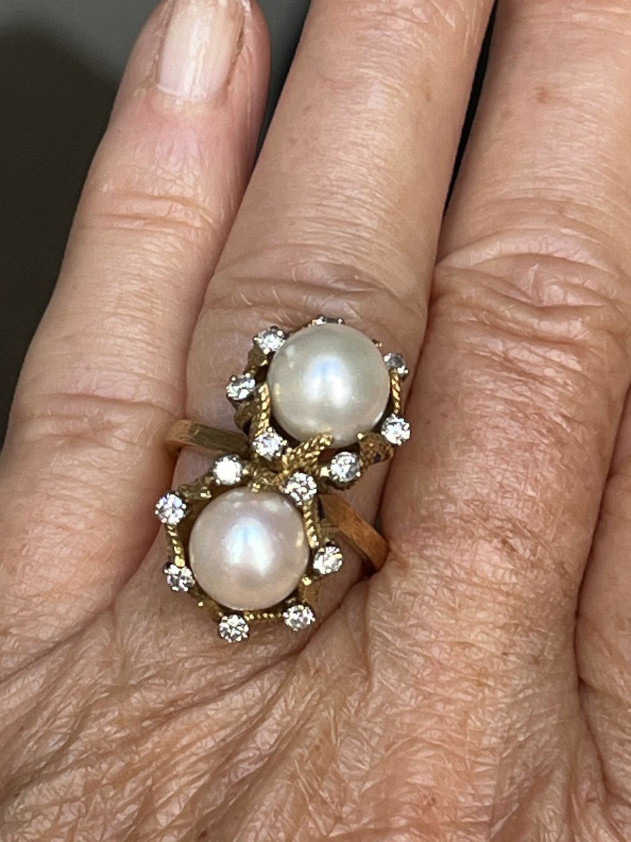 4427- Bague Toi & Moi Or Jaune Perles Diamants Email-photo-4