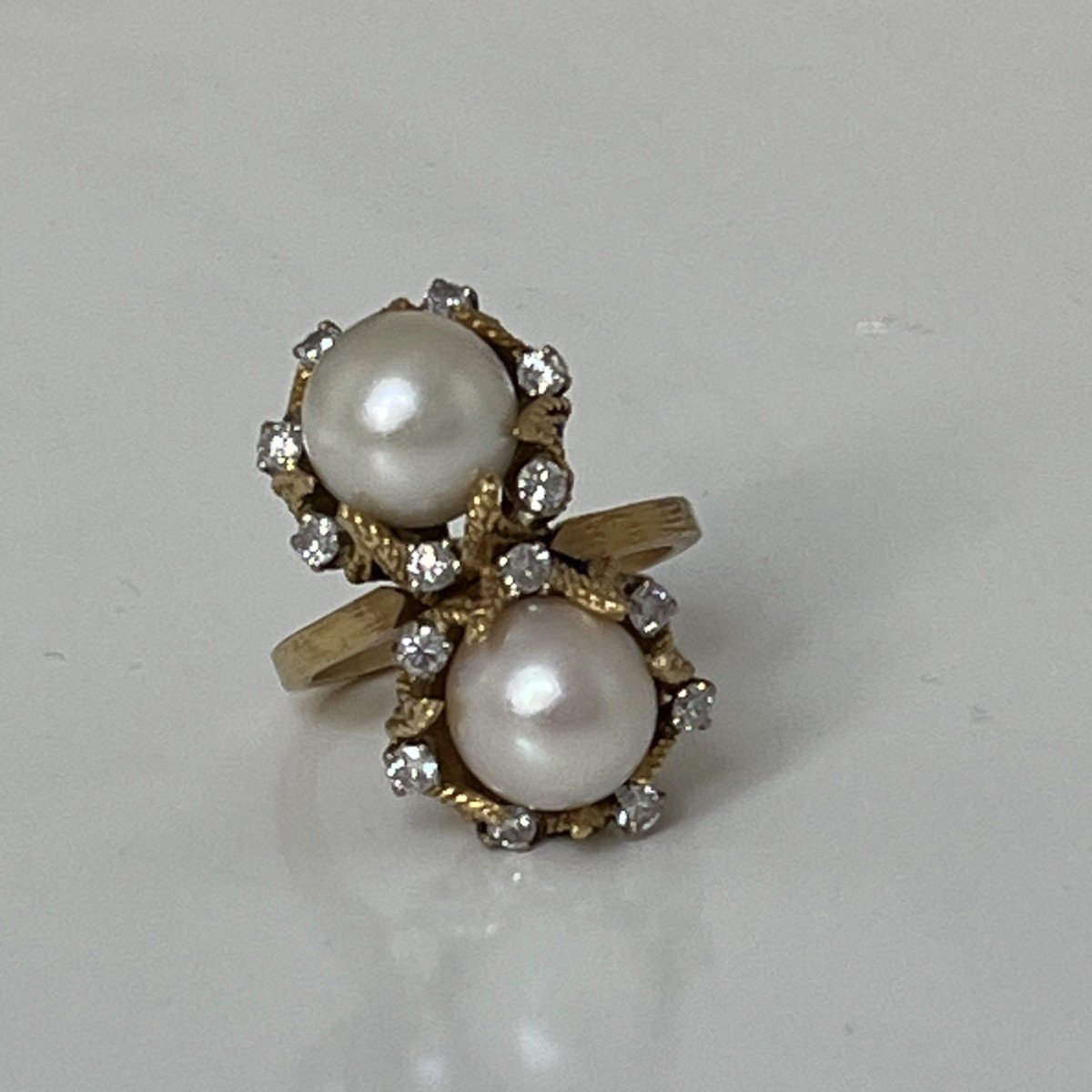 4427- Bague Toi & Moi Or Jaune Perles Diamants Email