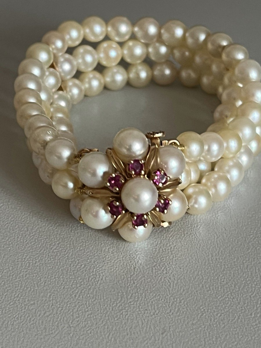 4095- Bracelet 3 Rangs De Perles Fermoir Perles Et Rubis Synthétiques-photo-2