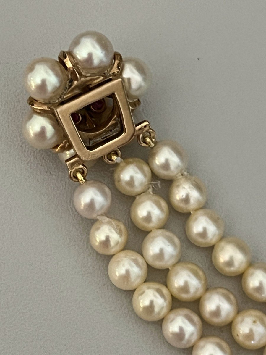 4095- Bracelet 3 Rangs De Perles Fermoir Perles Et Rubis Synthétiques-photo-4