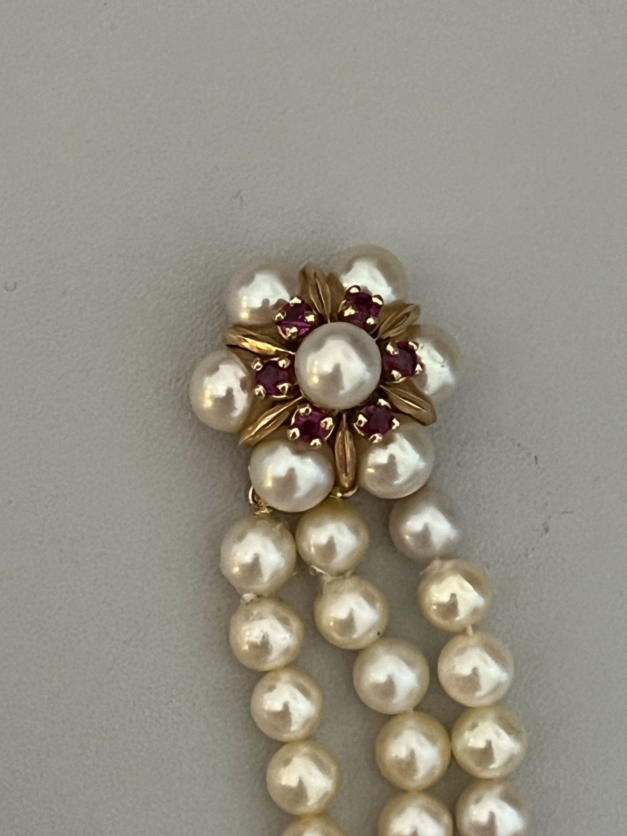 4095- Bracelet 3 Rangs De Perles Fermoir Perles Et Rubis Synthétiques-photo-1
