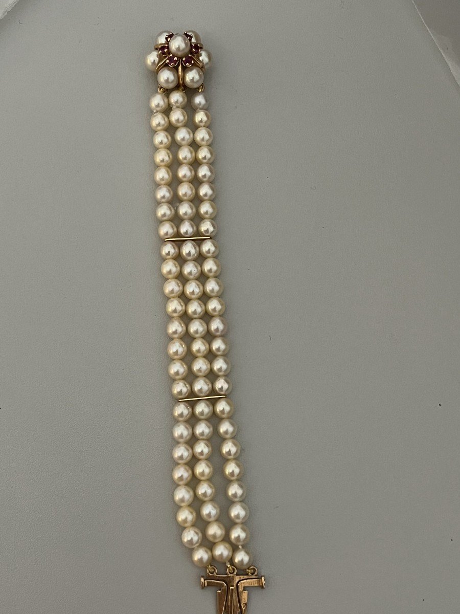 4095- Bracelet 3 Rangs De Perles Fermoir Perles Et Rubis Synthétiques-photo-3