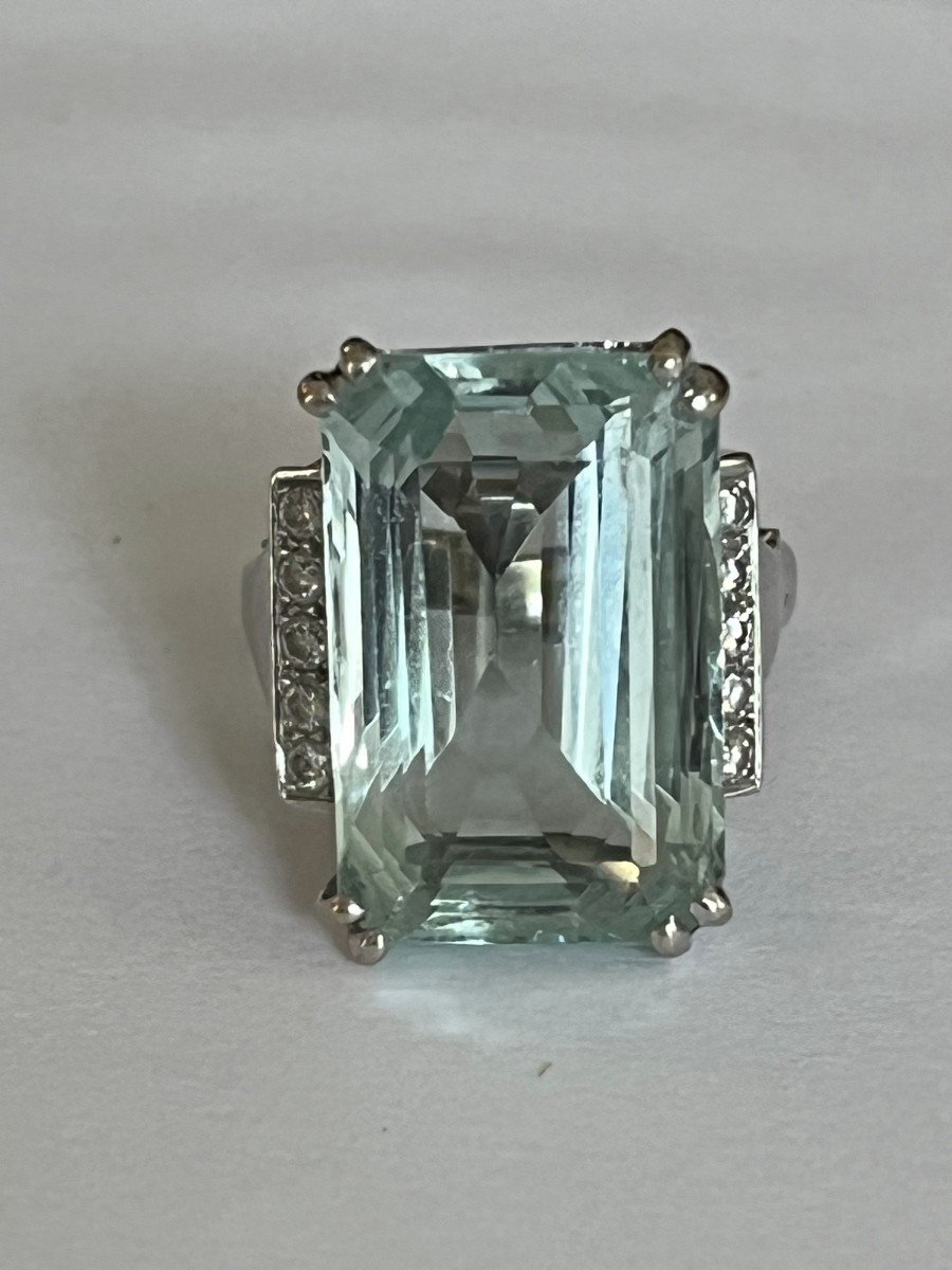 4481- Bague Art Deco Or Gris Aigue-marine Diamants-photo-3
