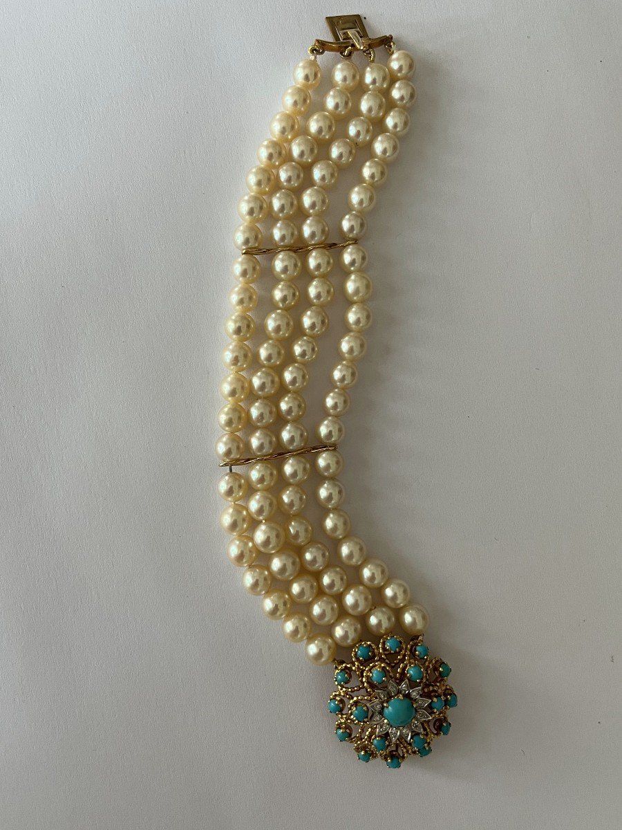 4765- Bracelet 4 Rangs De Perles Fermoir Or Jaune Turquoises-photo-4