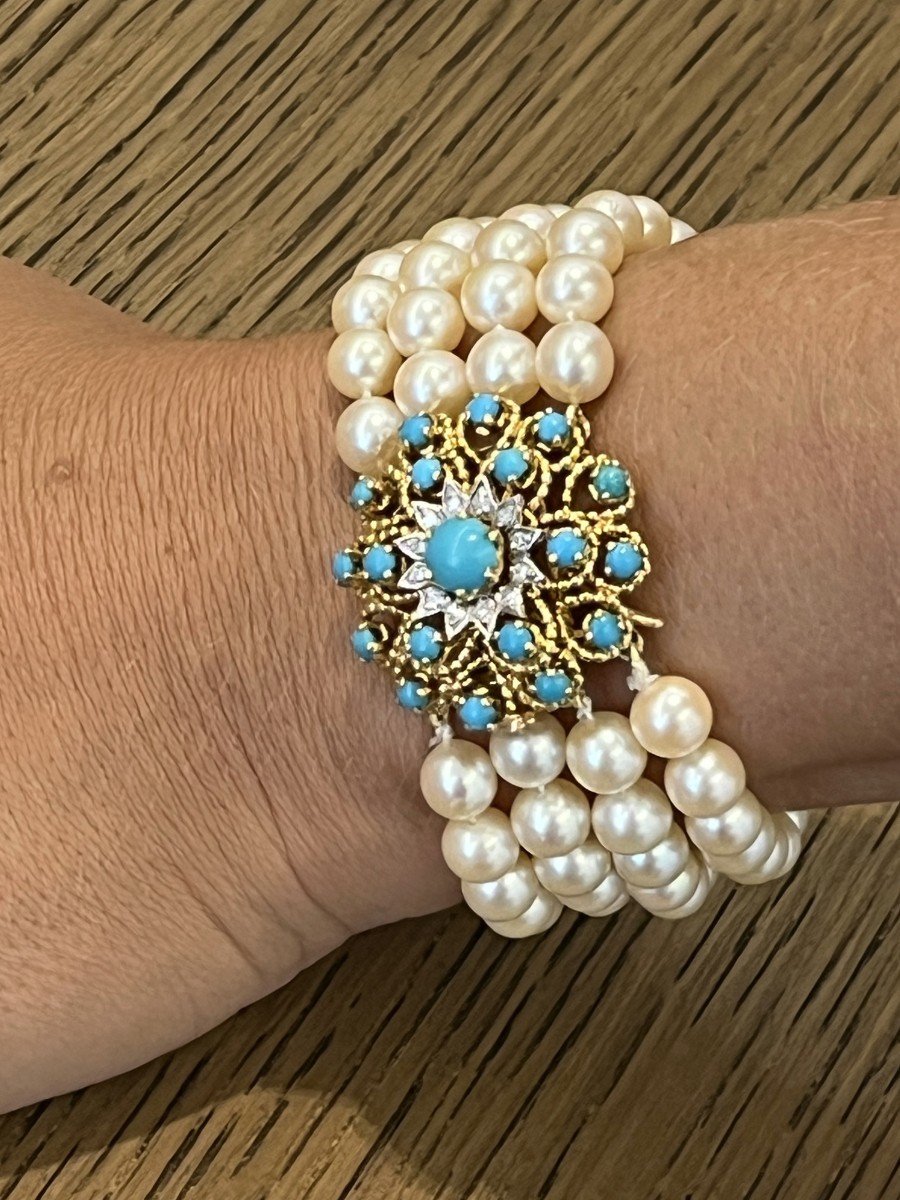 4765- Bracelet 4 Rangs De Perles Fermoir Or Jaune Turquoises-photo-1