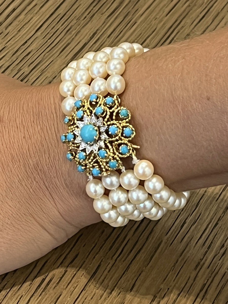 4765- Bracelet 4 Rangs De Perles Fermoir Or Jaune Turquoises-photo-2