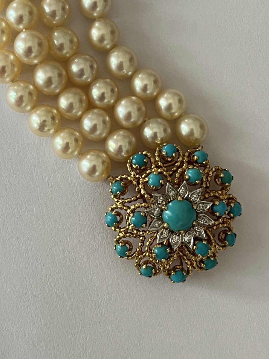 4765- Bracelet 4 Rangs De Perles Fermoir Or Jaune Turquoises