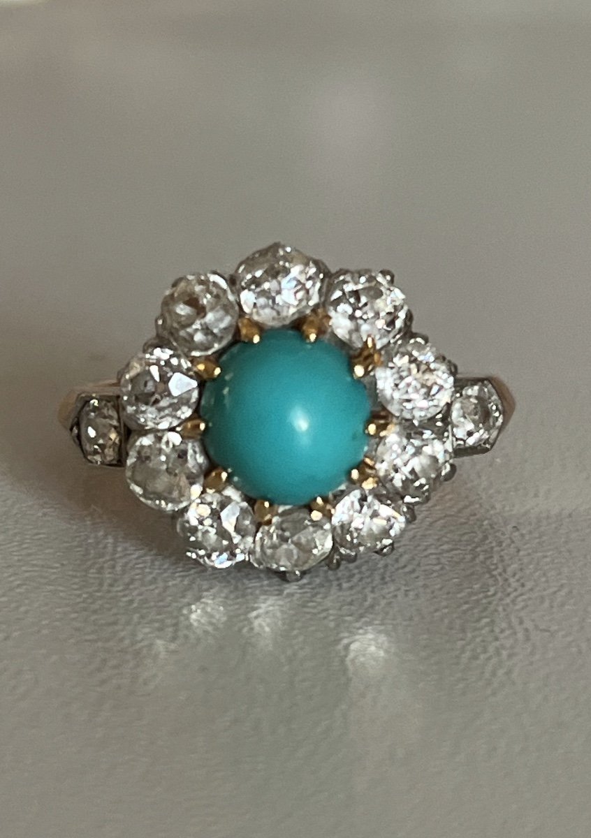 1813- Bague Ancienne Or Rose Et Gris Turquoise Diamants