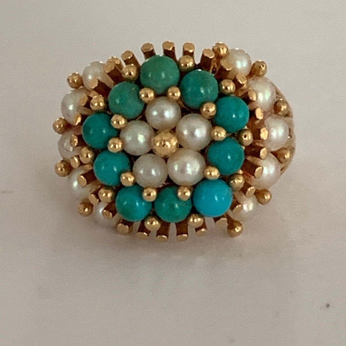 2342- Bague Or Jaune Perles Turquoises