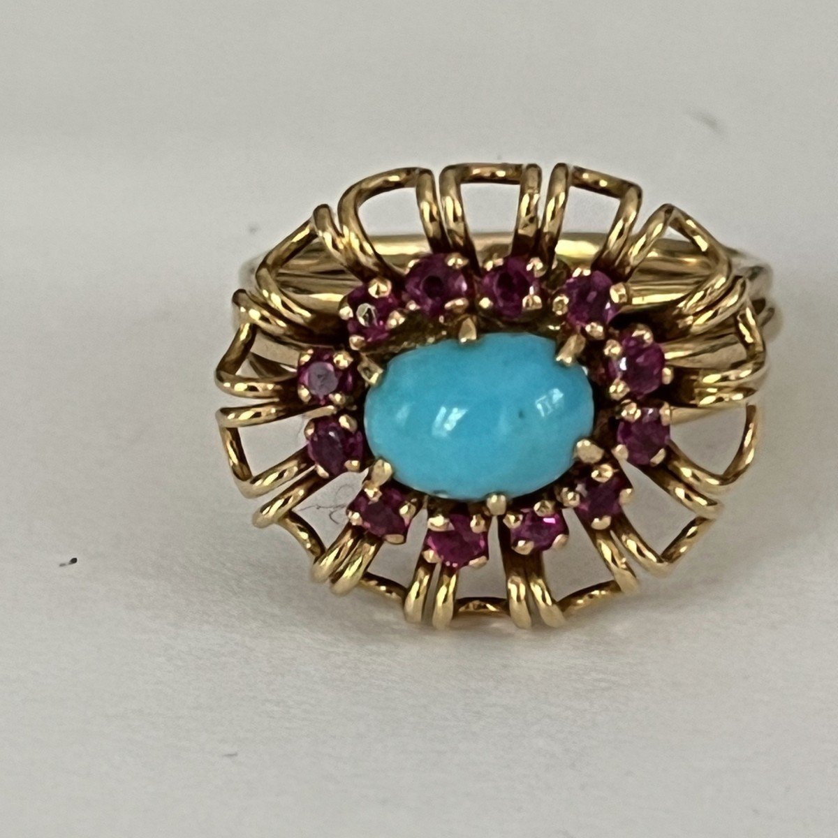 4441- Bague Fils d'Or Jaune Turquoise Rubis