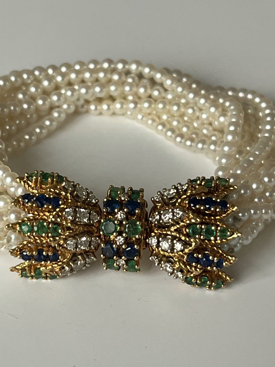 4996- Bracelet 10 Rows Pearls Diamonds Sapphires Emeralds-photo-2