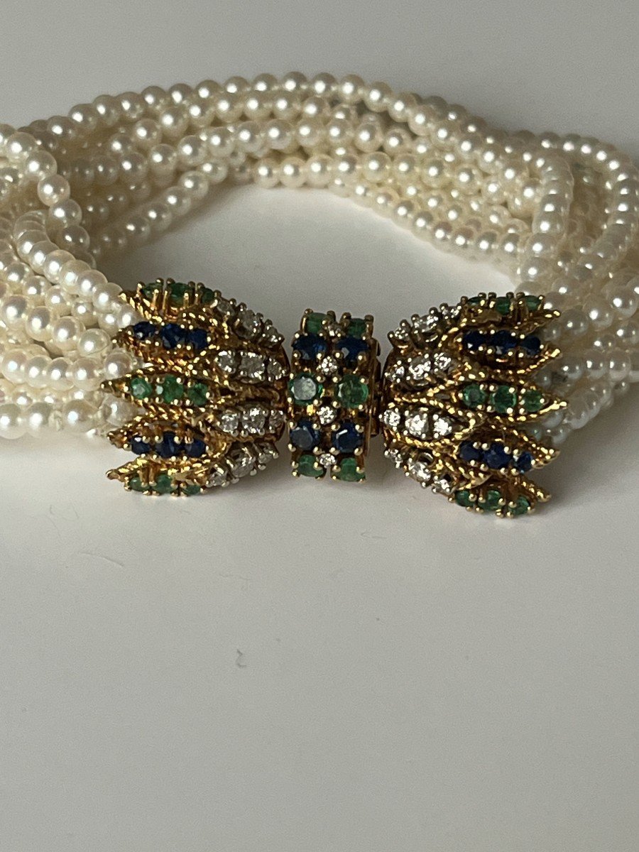 4996- Bracelet 10 Rows Pearls Diamonds Sapphires Emeralds-photo-3