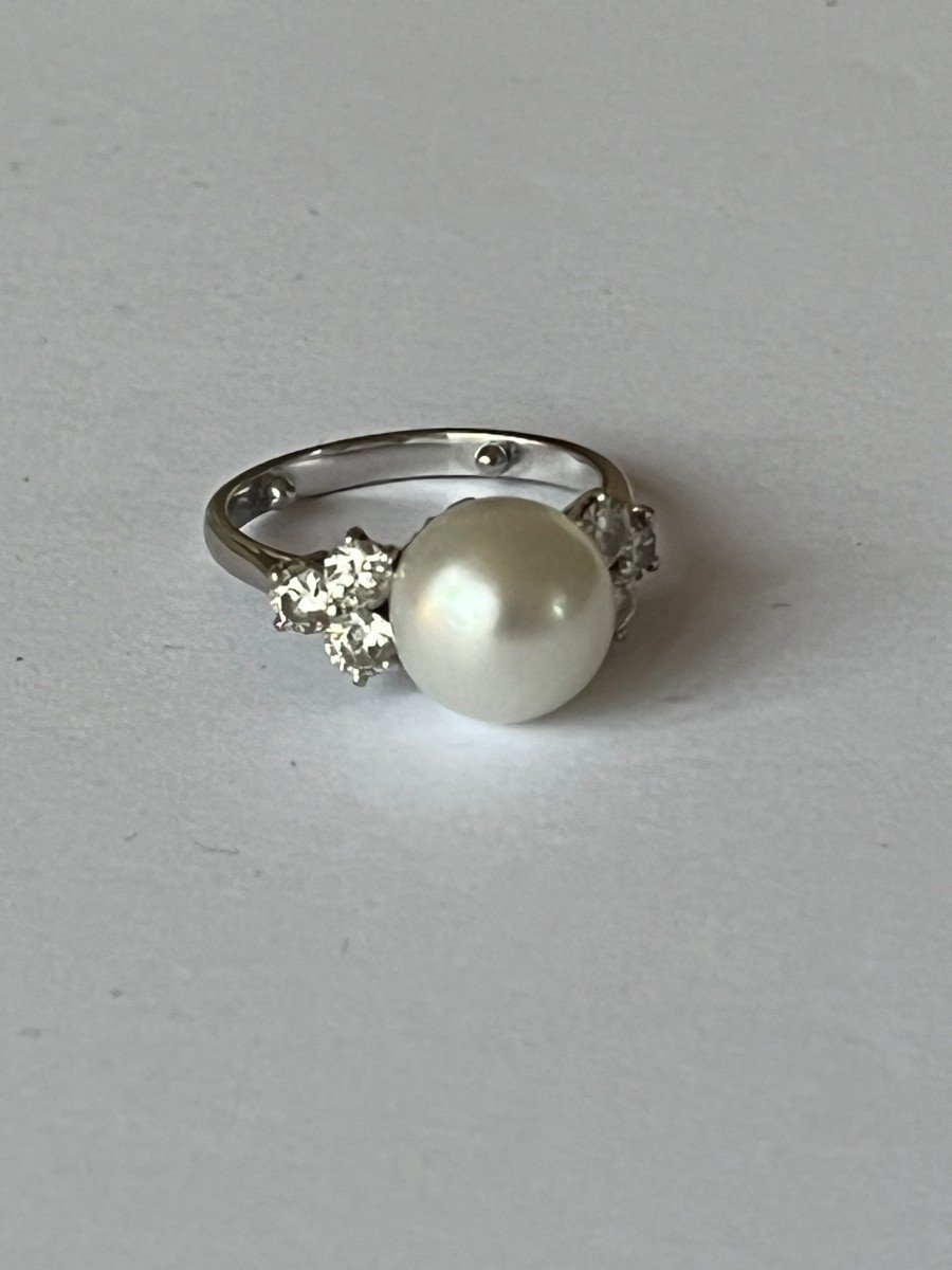 5038- White Gold Pearl Ring 11 Mm Diamonds 0.90 Ct-photo-4