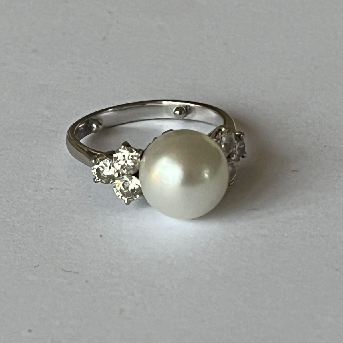 5038- White Gold Pearl Ring 11 Mm Diamonds 0.90 Ct