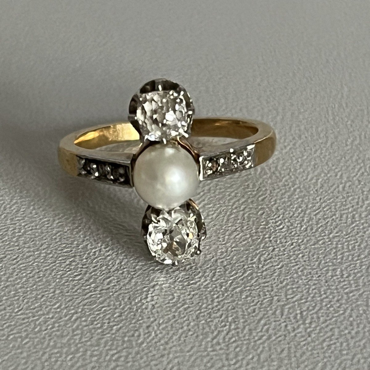 5032- Bague Or Jaune Platine Perle Diamants