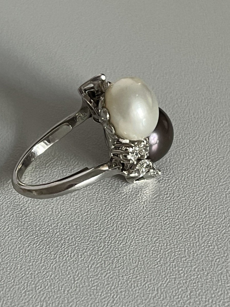 5074- Bague Toi & Moi Or Gris Perles Diamants-photo-2