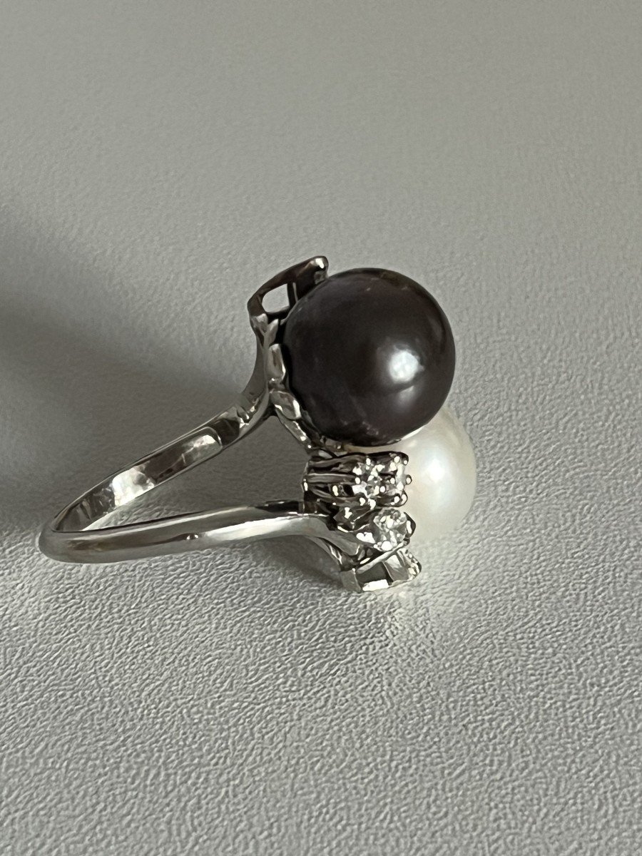 5074- Bague Toi & Moi Or Gris Perles Diamants-photo-3