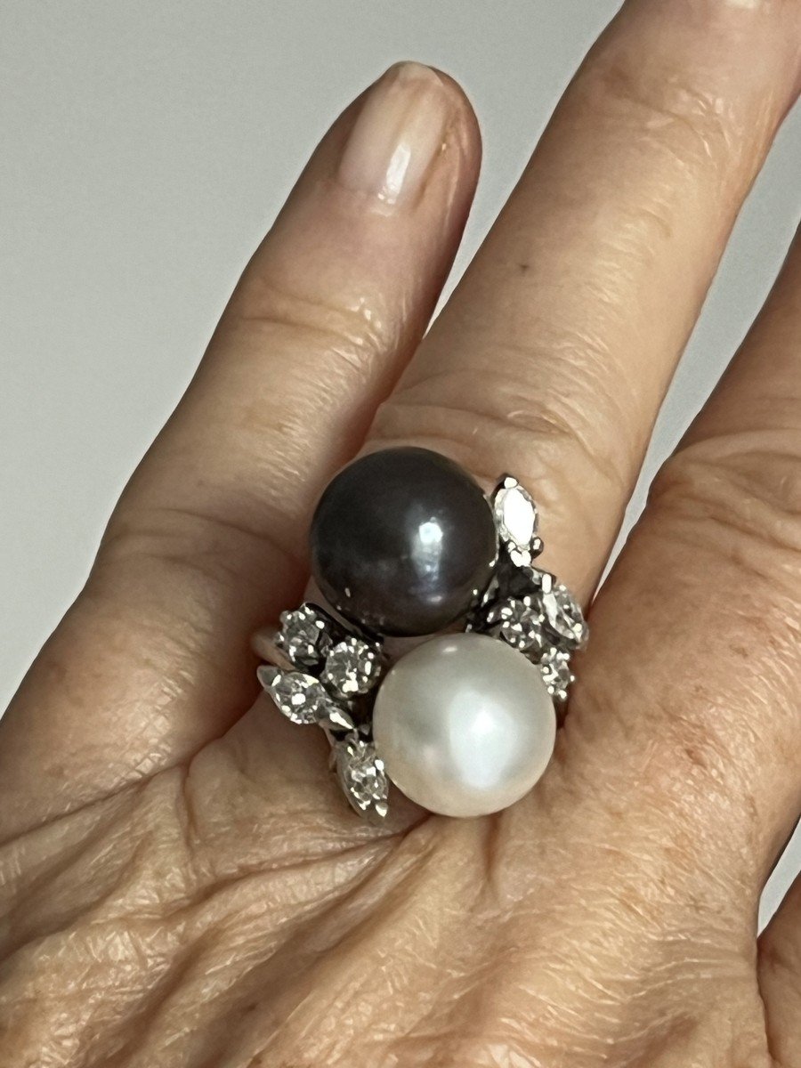 5074- Bague Toi & Moi Or Gris Perles Diamants-photo-4
